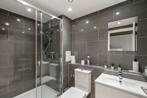 Shower, hair dryer, towels