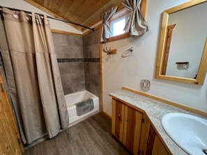 A bathroom with a shower, a sink, wooden cabinets, and a mirror. - Blue Spruce Apartment (Homer)