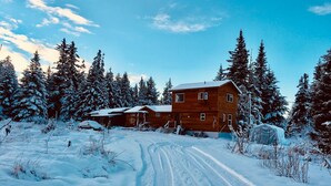 Une cabane en bois à deux étages, avec une allée enneigée et une forêt environnante.
