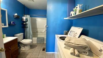 Hair dryer, towels, toilet paper