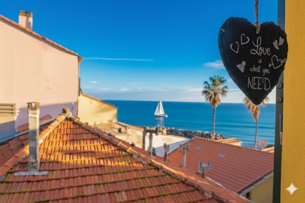 Une vue depuis le toit d’un bâtiment, donnant sur une zone côtière, avec un panneau en forme de cœur sur lequel on peut lire : « L’amour, c’est ce dont vous avez besoin. »