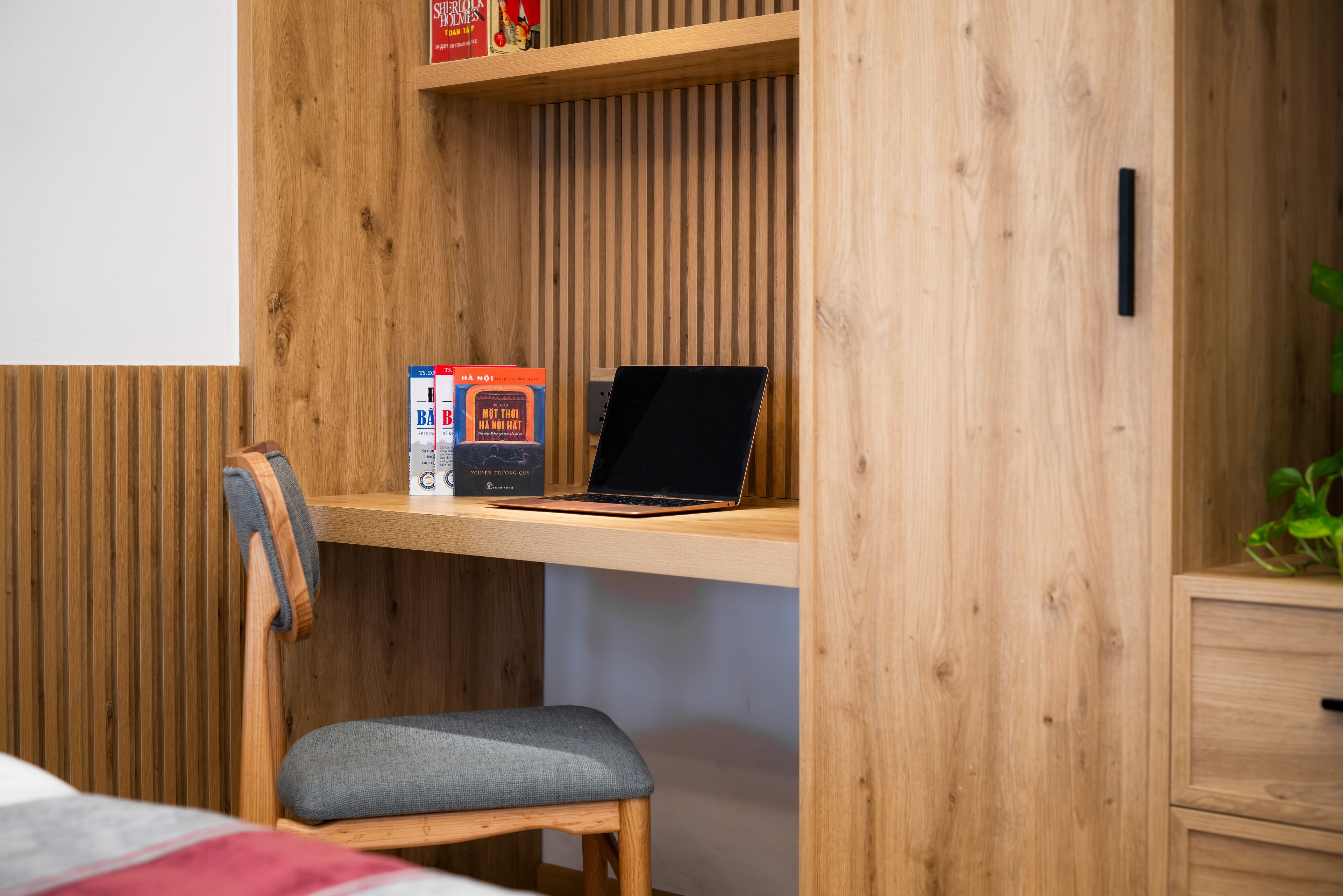 A wooden desk with a laptop and books, a chair, and a small plant.