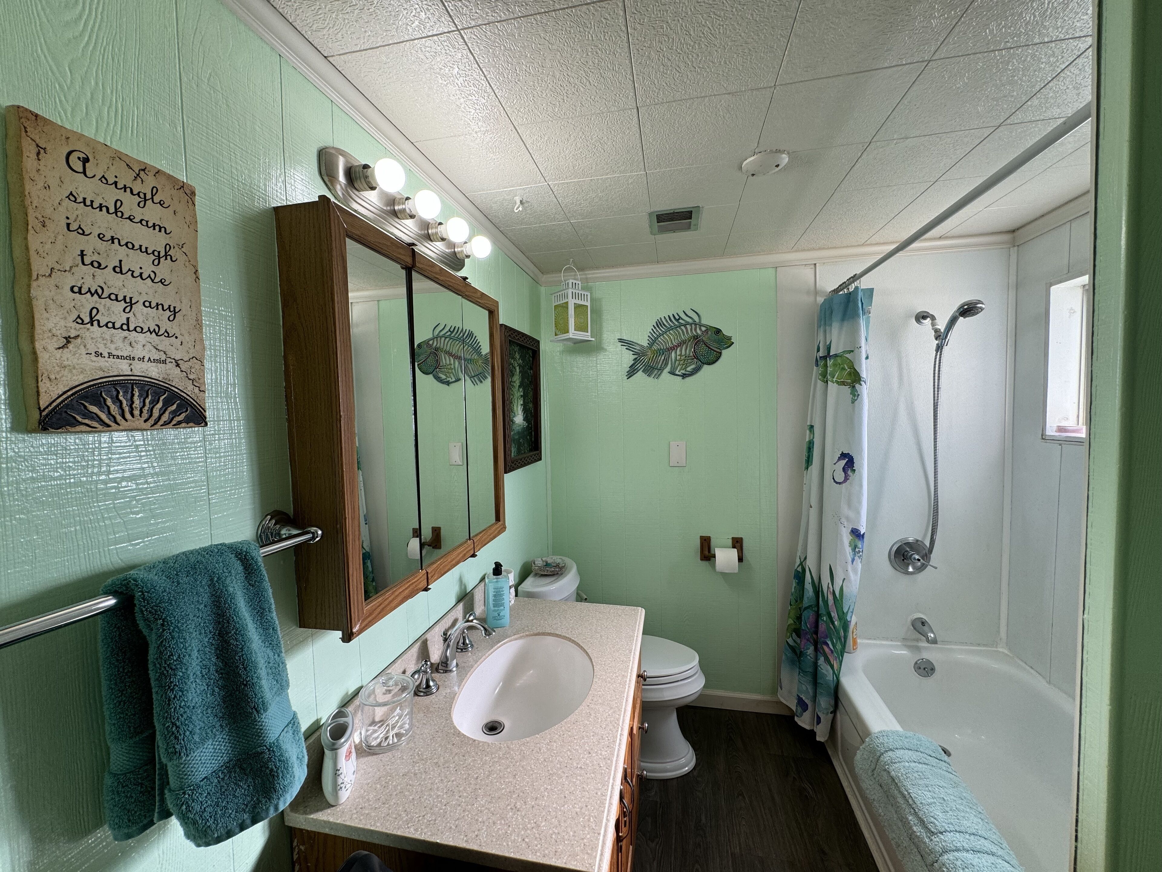 A bathroom with a sink, toilet, and bathtub. There is a mirror with lights above it, a towel hanging on the wall, and a fish decoration on the wall.