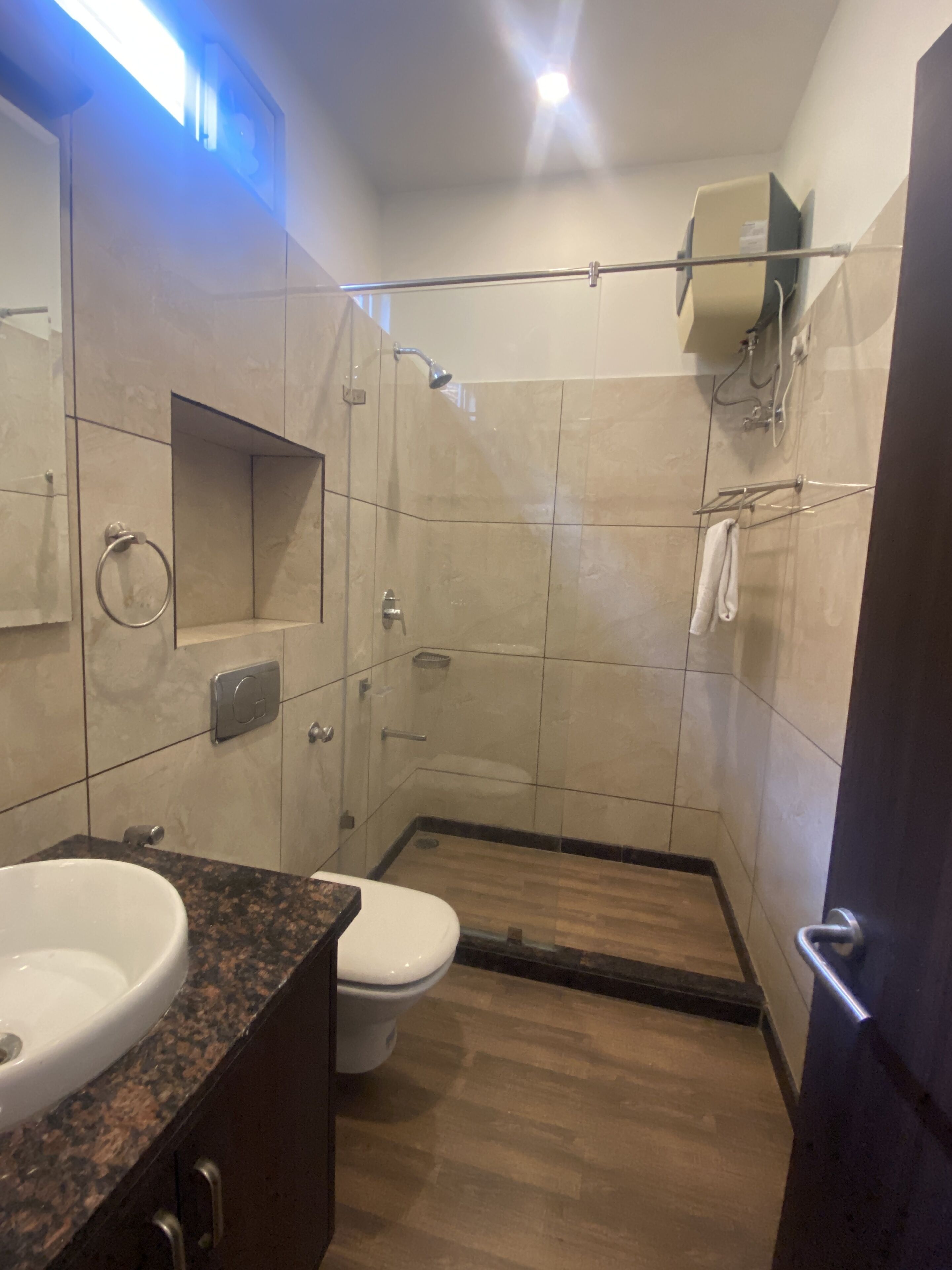 Hair dryer, bidet, towels, soap