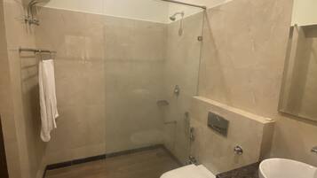 Hair dryer, bidet, towels, soap