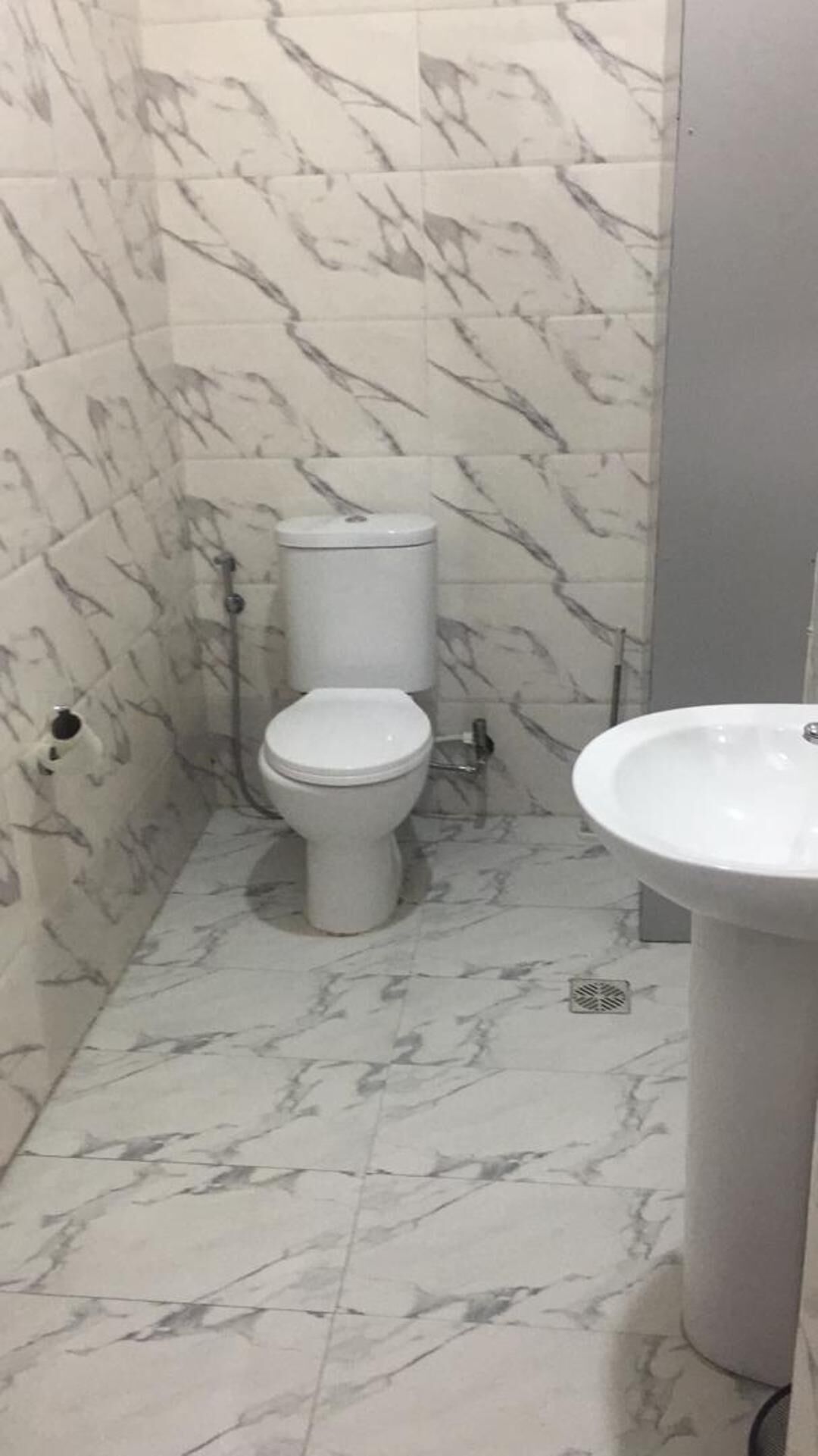 A bathroom with a toilet and a sink, both in white. The floor and walls have a marble pattern.
