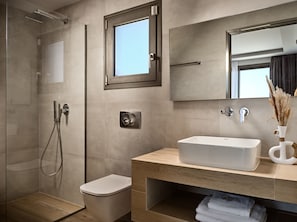 Dusche, umweltfreundliche Kosmetikartikel, Haartrockner, Handtücher