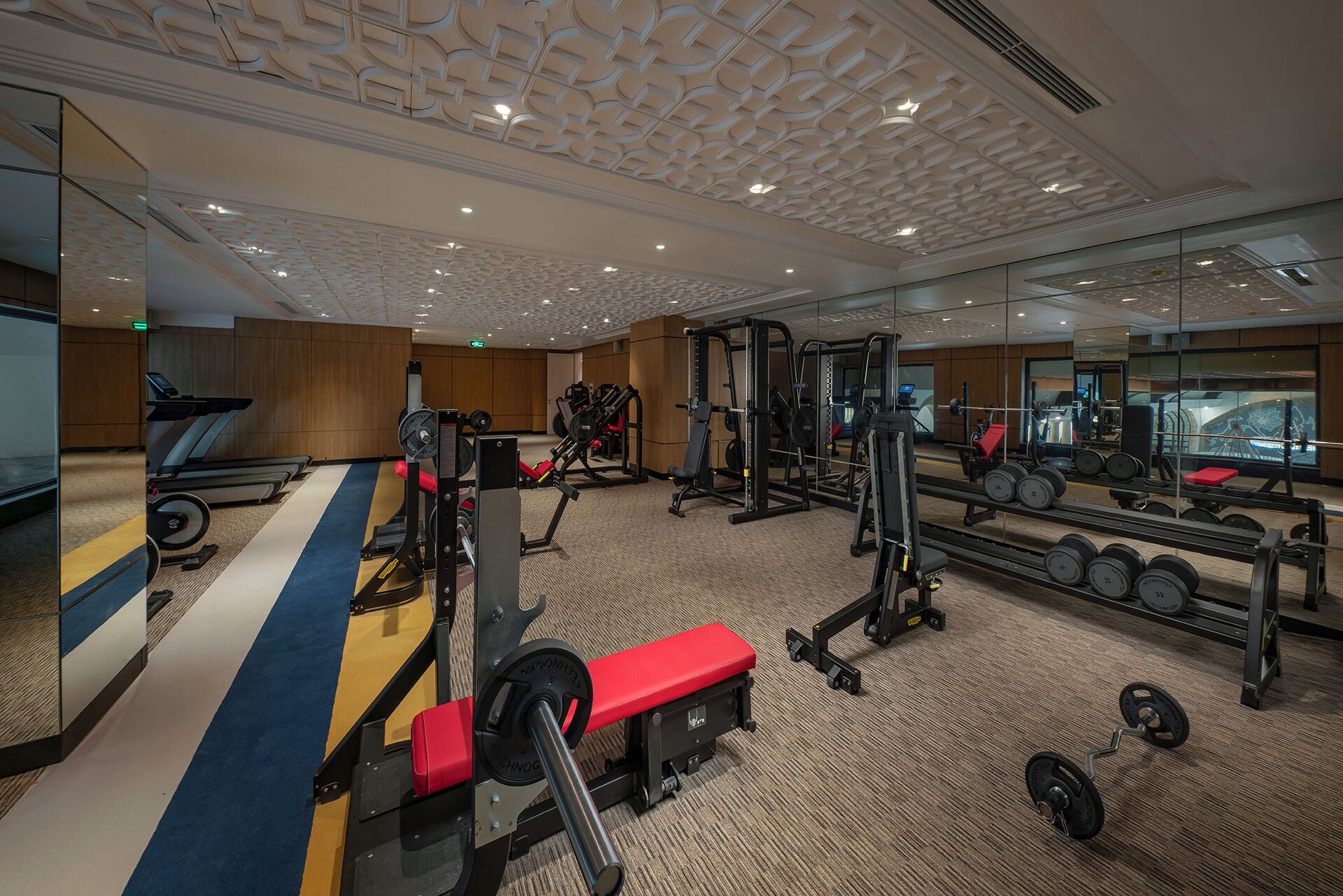 Una palestra con tapis roulant, macchinari per pesi e pesi liberi.