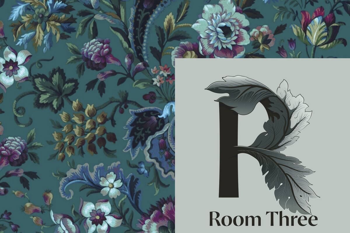 A room with a floral wallpaper pattern and a large letter 'P' with a leaf design, labeled 'Room Three'.