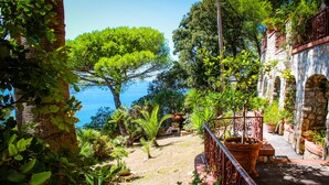 A garden with a stone wall, potted plants, and a view of the sea. - Dream villa in San Felice Circeo (Faro)