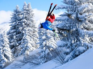 A person in a blue jacket performing a ski jump with skis in the air, surrounded by snow-covered trees. - Cozy apartment for 4, at the slopes with Wifi in Notre-Dame-de-Bellecombe (Notre-Dame-de-Bellecombe)