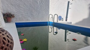 Una petita zona amb aigua tancada, amb un videt blau, una barana metàl·lica i una planta en test amb a l'esquerra.