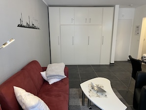 Televisio, pöytätennispöytä, kirjoja, stereot