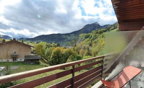 Enjoy breathtaking views of the surrounding mountains from this balcony.