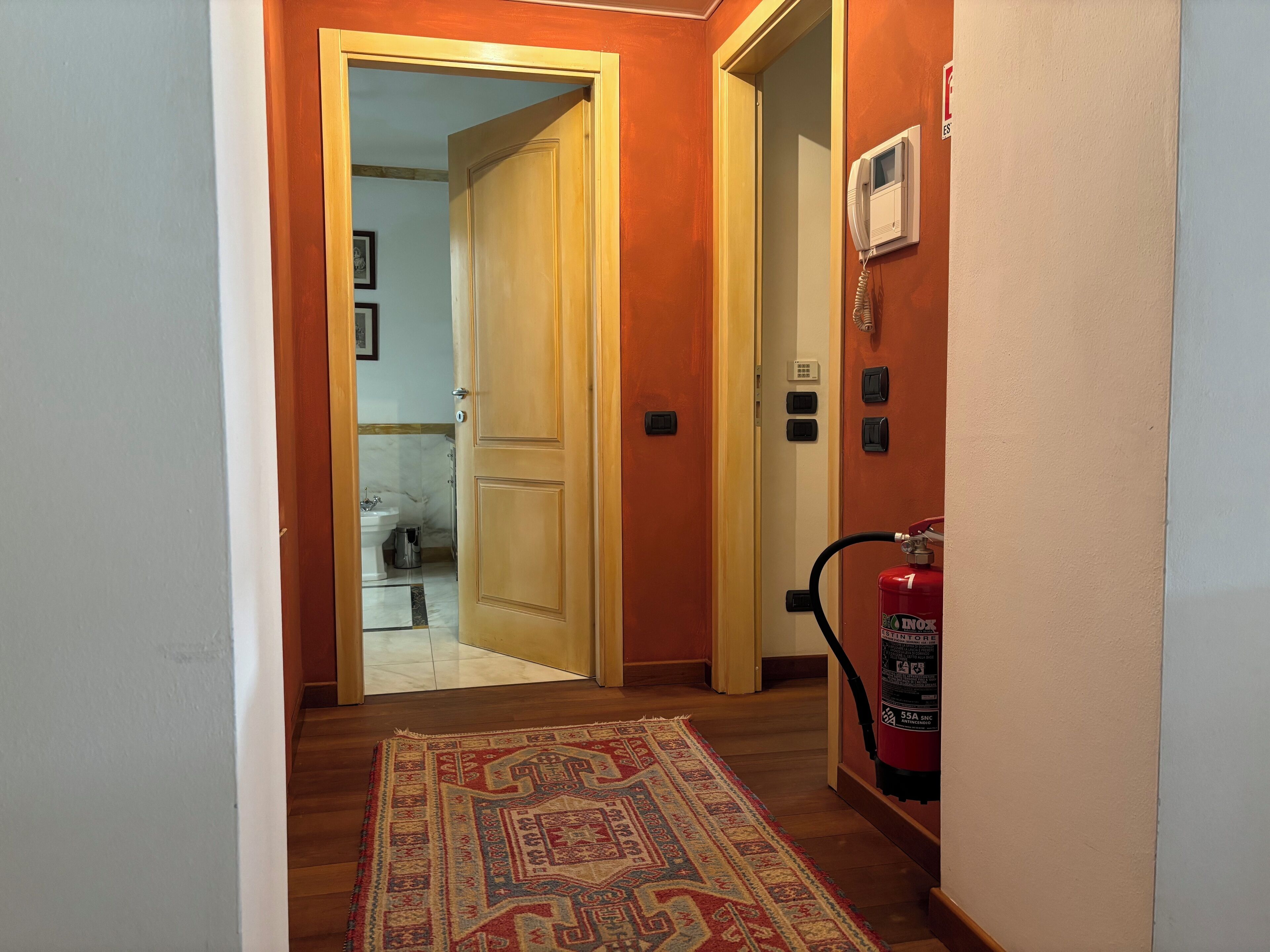 A hallway with a wooden door leading to a bathroom, a fire extinguisher mounted on the wall, and a patterned rug on the floor.