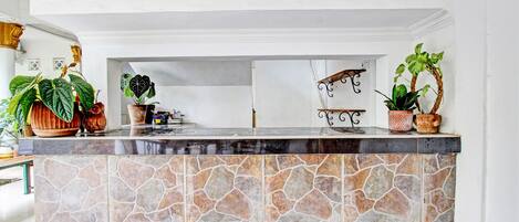 Une cuisine avec un mur arrière en pierre, un comptoir en bois et des plantes en pot.