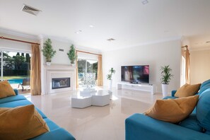 TV, fireplace, books, offices