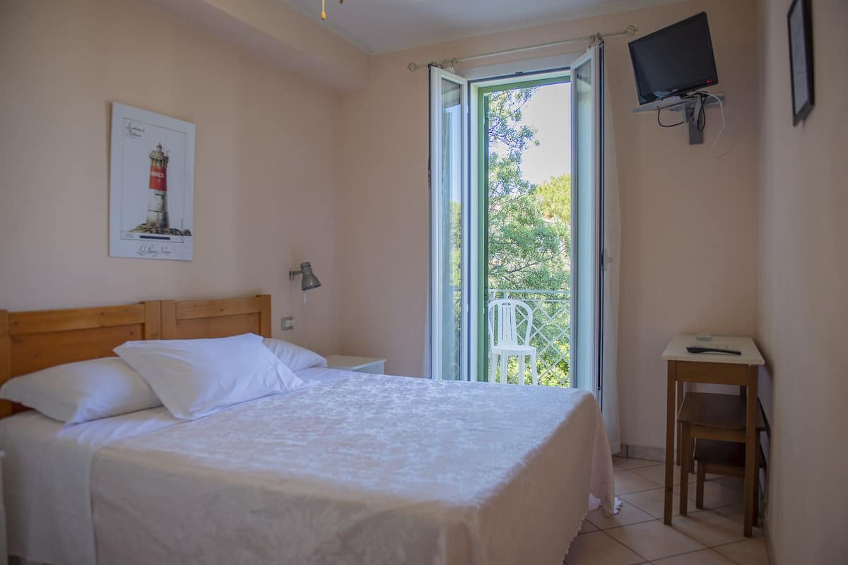 A bedroom with a bed, a desk, a chair, a TV, and a window with a view of trees.