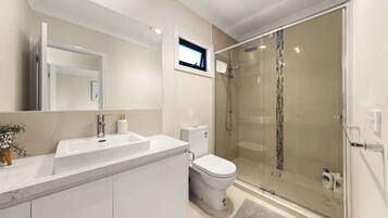 Shower, hair dryer, shampoo
