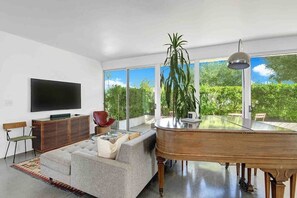 TV, fireplace - Iconic Wexler Home: Pool & Piano (Palm Springs)