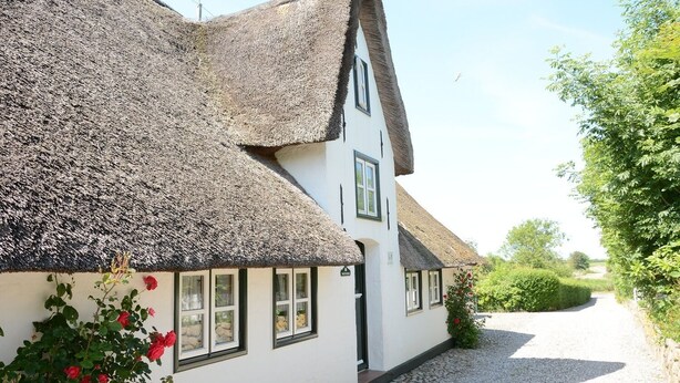 Une maison blanche traditionnelle, dotée d’un toit de chaume et de nombreuses fenêtres, entourée de verdure et bordée d’un chemin de gravier.