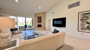 TV, fireplace, table football