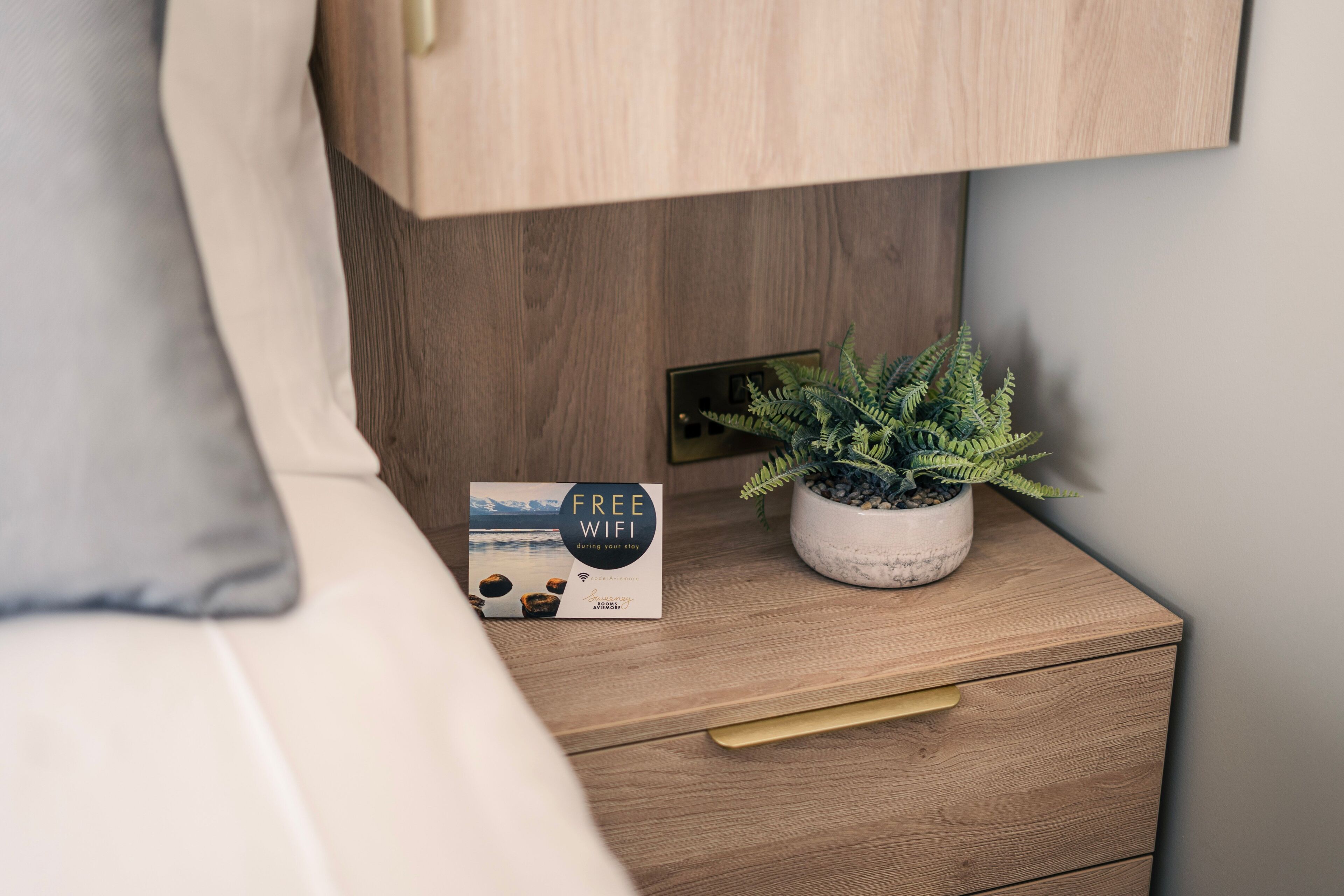 Une table de chevet en bois, bien entretenue, avec un pot de plante, un panneau indiquant « Wi-Fi gratuit » et un petit tiroir.