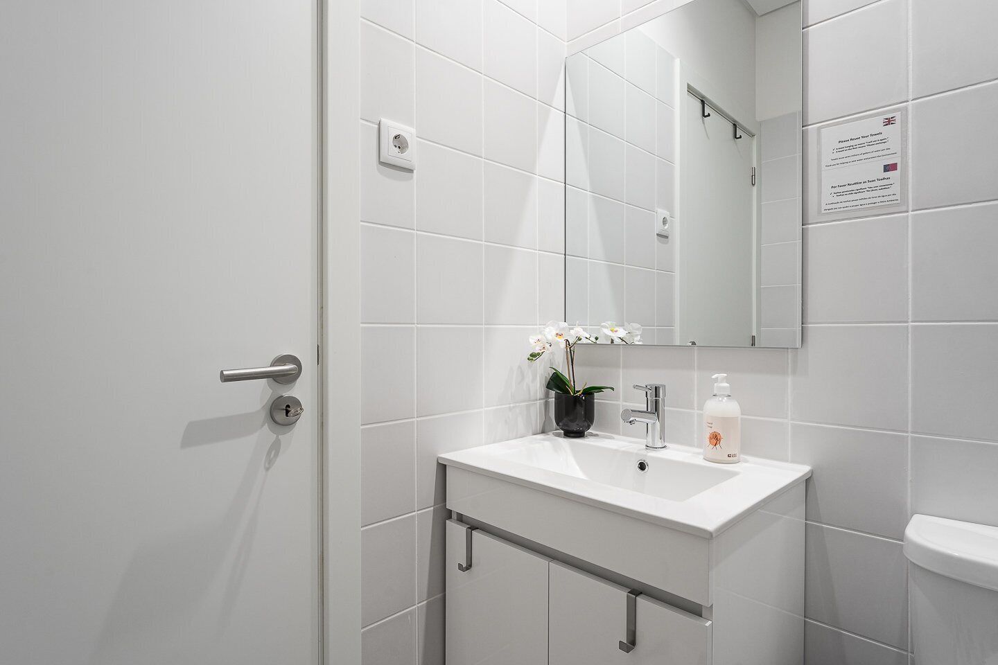 Ein modernes Badezimmer mit einem weißen Waschbecken, einem Spiegel, einer Topf-Orchidee und einer Handseife.