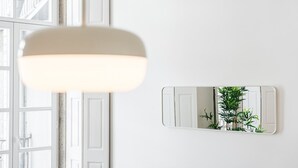 Ein Zimmer mit weißer Tür, einem Fenster und einem an der Wand befestigten Spiegel, der eine Pflanze reflektiert.