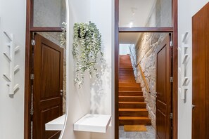A modern hallway with wooden doors, a white shelf, and a hanging plant.