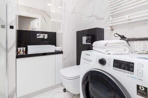 Shower, hair dryer, shampoo