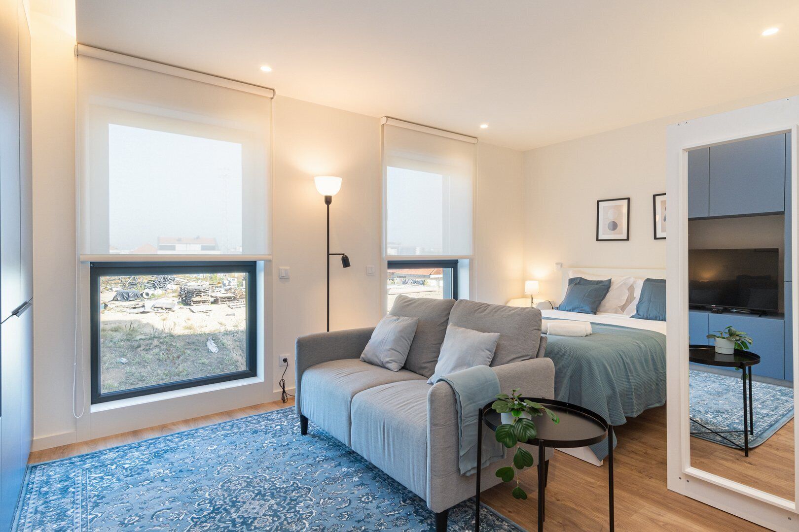 A modern bedroom with a sofa, a bed, a small table with a plant, and a TV.