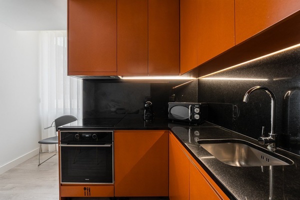 Frigorífico, microondas, horno y placa de cocina