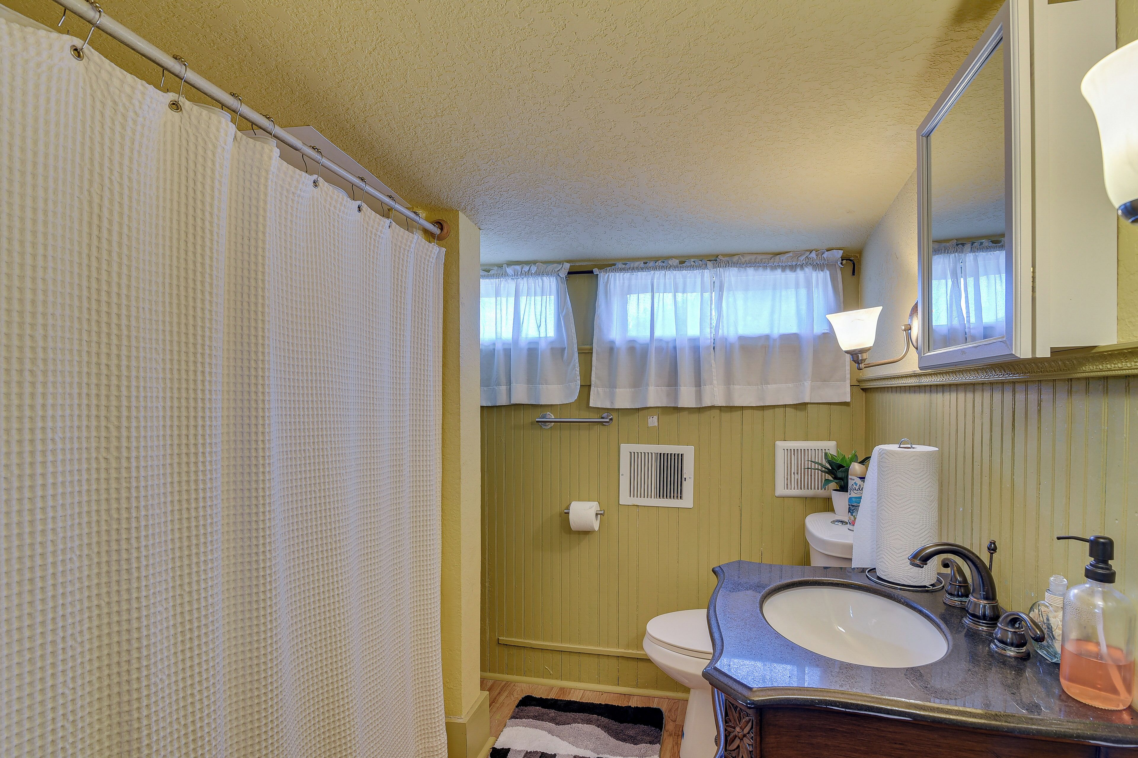 Un baño con cortina de ducha, inodoro, lavamanos, espejo y dispensador de toallas.