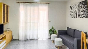 Un salon avec un canapé gris, un téléviseur posé sur un meuble en bois, une grande fenêtre ornée de rideaux légers et une œuvre d’art à motifs zébrés accrochée au mur.