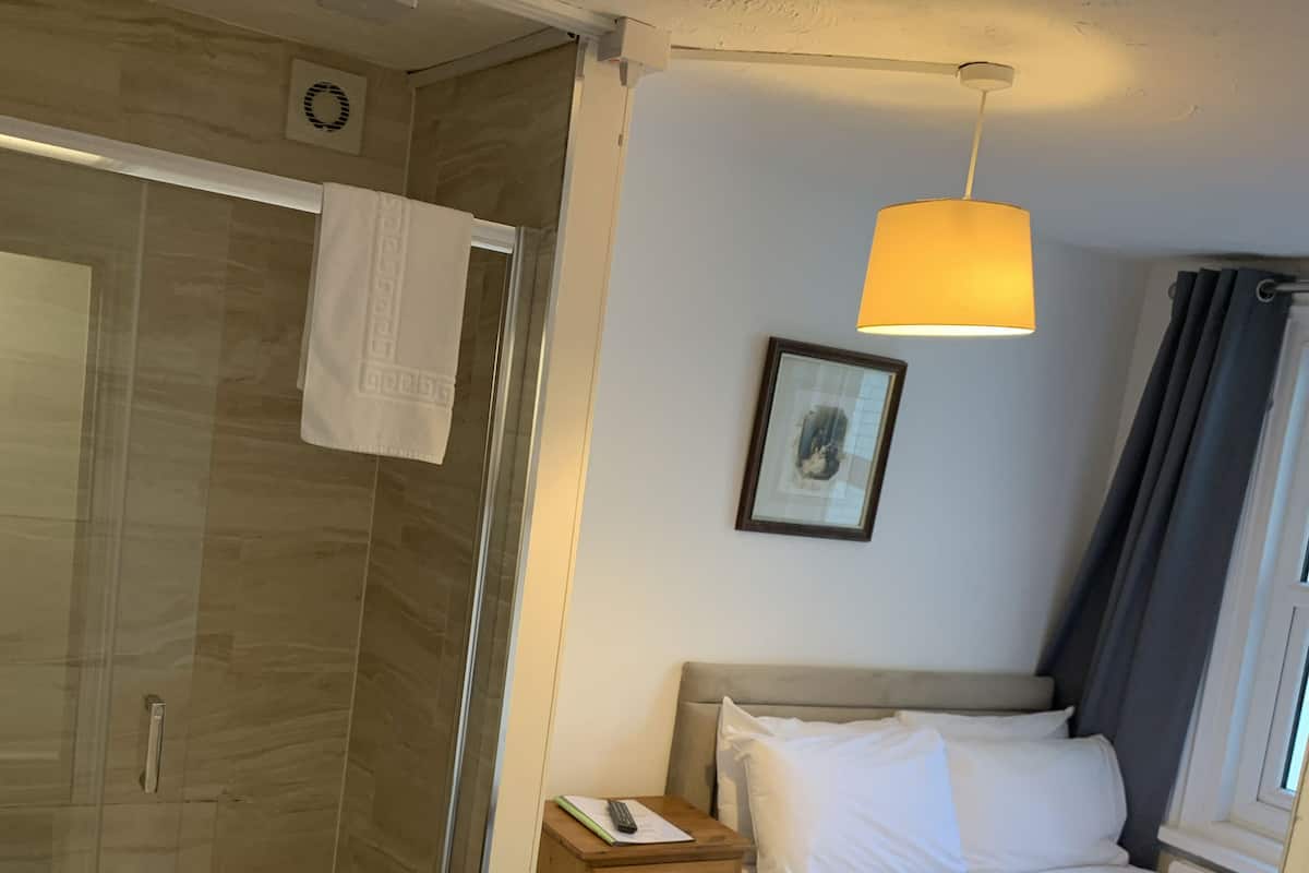 Een hotelkamer met een douche, een nachtkastje met lamp, een bed en een lijst met een afbeelding aan de muur.