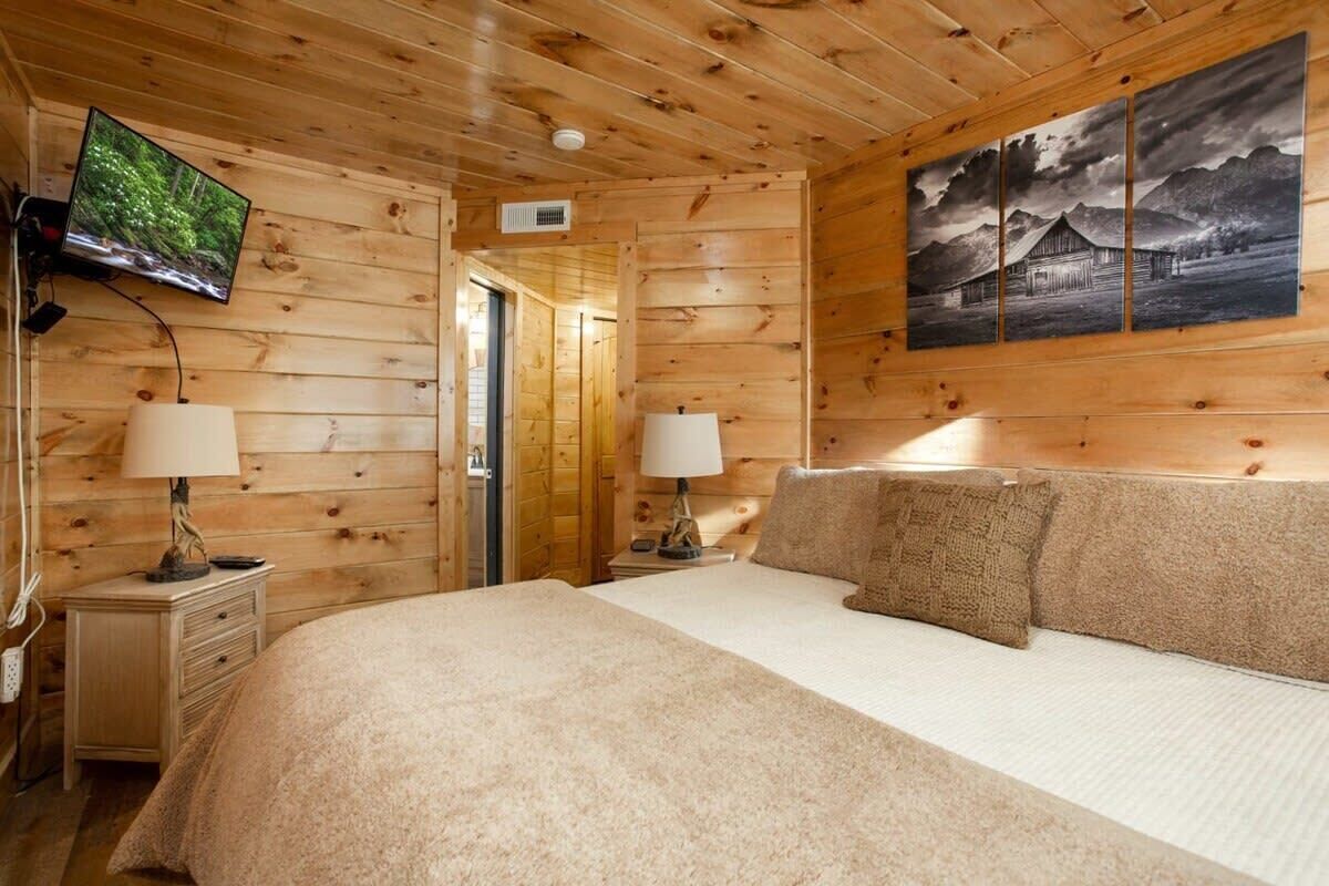 Una habitación de cabaña de madera con una cama, dos mesitas de noche, un televisor y un cuadro en la pared.