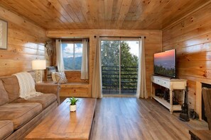 Interior de una cabaña de madera con un sofá, una mesa de centro con una planta, un televisor y una chimenea.
