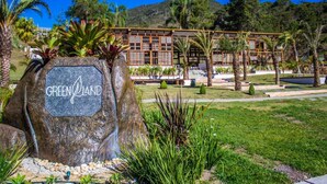 A building with a sign reading "GREEN LAND" surrounded by tropical plants and a clear blue sky. -  Art Green (Teresópolis)