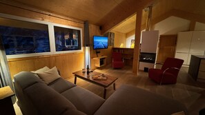 Tv, eldstad, dvd-spelare och en stereo