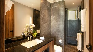 Ein modernes Badezimmer mit einem Waschbecken aus Granit, einem großen Spiegel und einer Duschkabine.