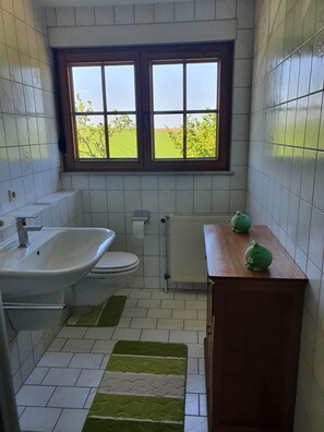 Ducha, secador de pelo, toallas, jabón
