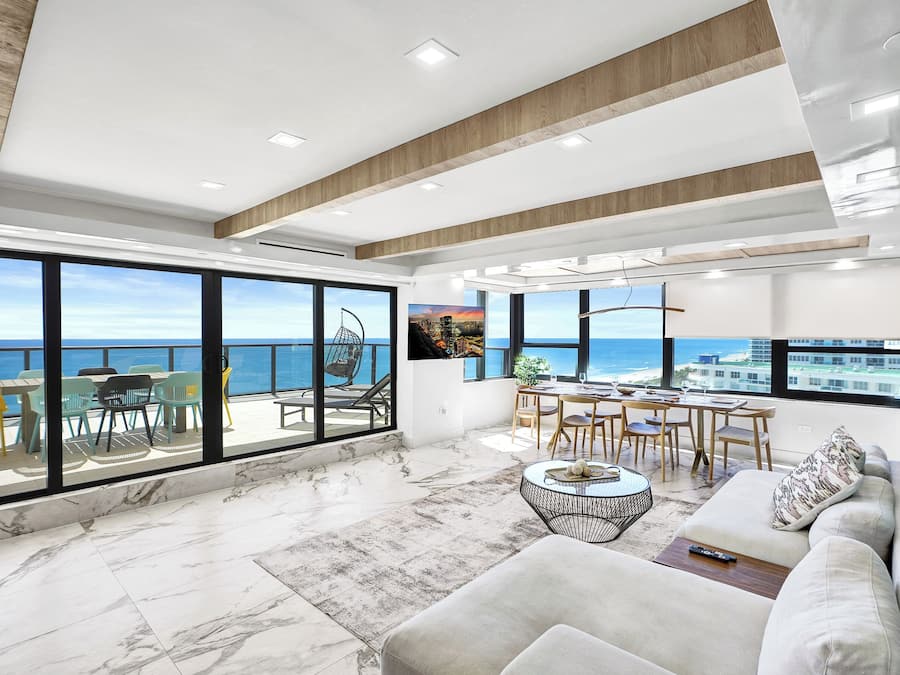 Luxury Oceanfront Condo 2BR 2.5BA with 700Sqft Terrace, Sauna, Resort Amenities & Pools 1501 | Living area | 45-inch flat-screen TV with cable channels