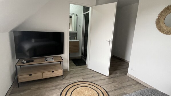 Une pièce avec un téléviseur posé sur un meuble en bois, une porte donnant sur une salle de bain et un miroir accroché au mur.
