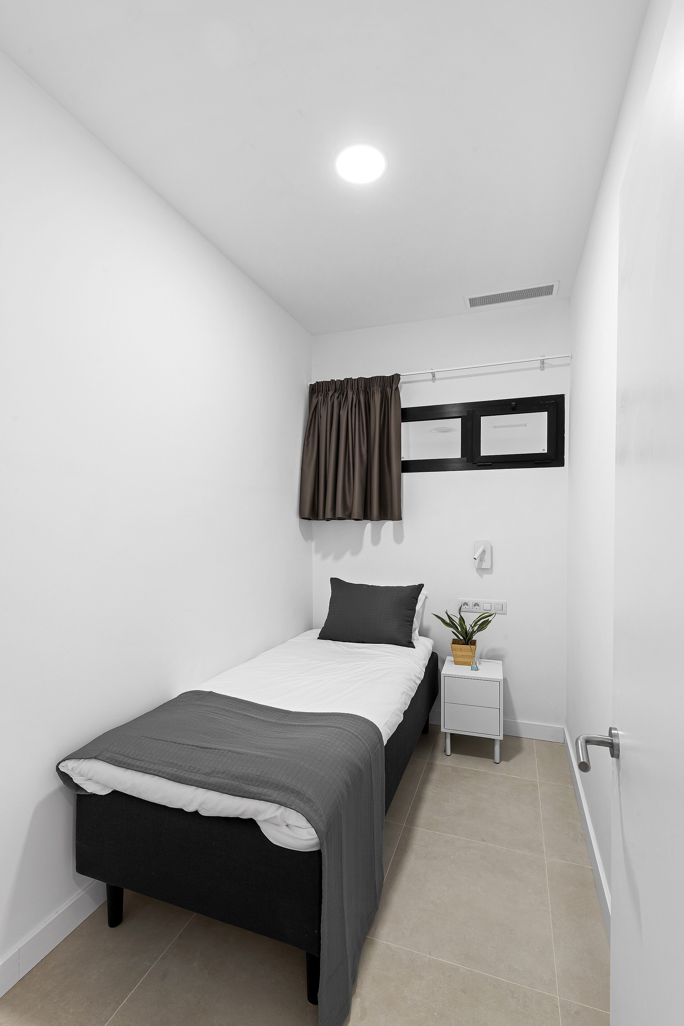 A compact, modern bedroom with a bed, bedside table, and a small potted plant.
