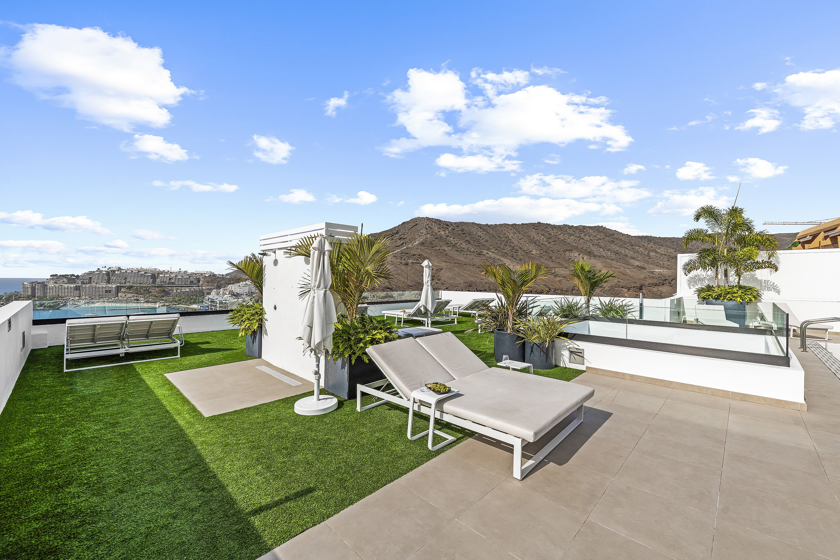 A rooftop terrace with artificial grass, sun loungers, and potted plants.
