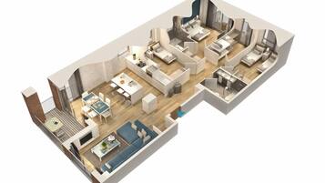 Design appartement, uitzicht op haven, aan zee | Grondplan