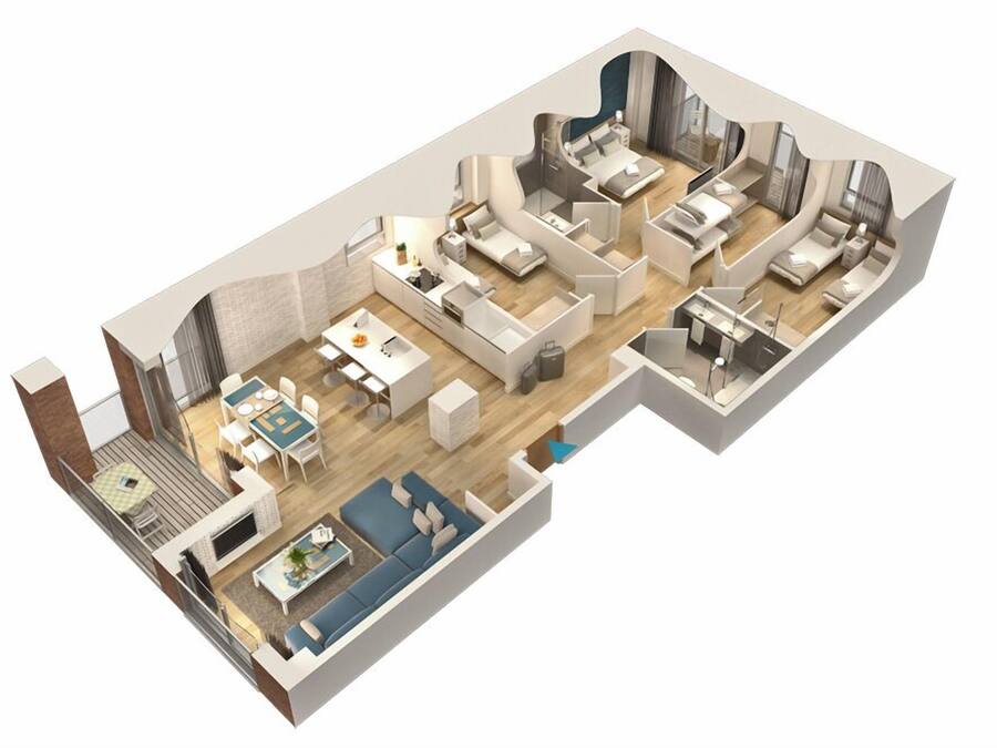 Plano de planta en 3D de un apartamento moderno con cocina, comedor, sala de estar, dos dormitorios y un balcón.