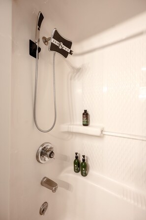 Shower, towels, soap, shampoo