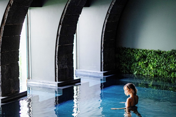 Indoor pool, open 9:00 AM to 9:00 PM, sun loungers